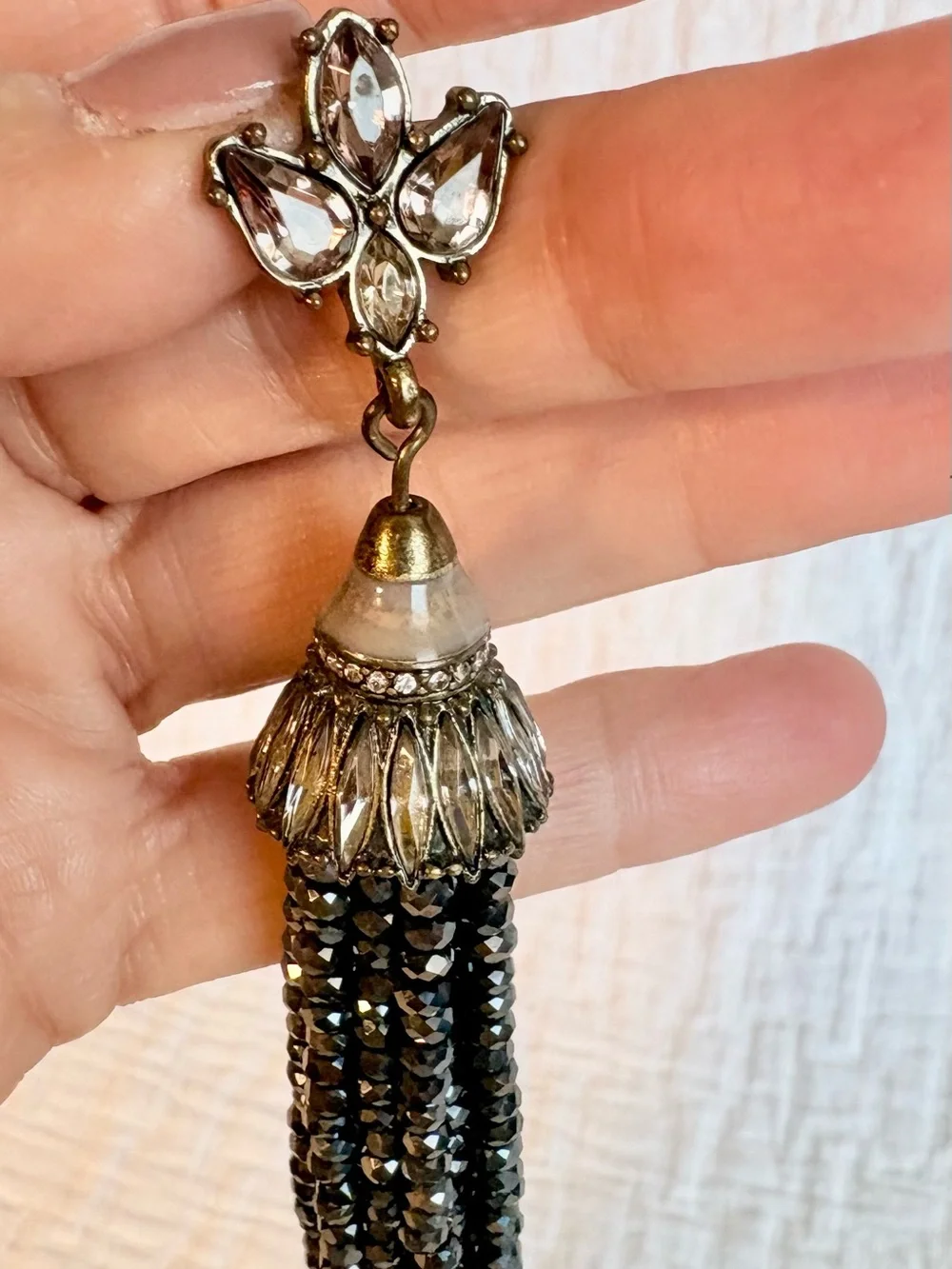 Vtg Tassel Pierced Earrings Rhinestones Black Jet Beads Boho  Anthro Style 1990s